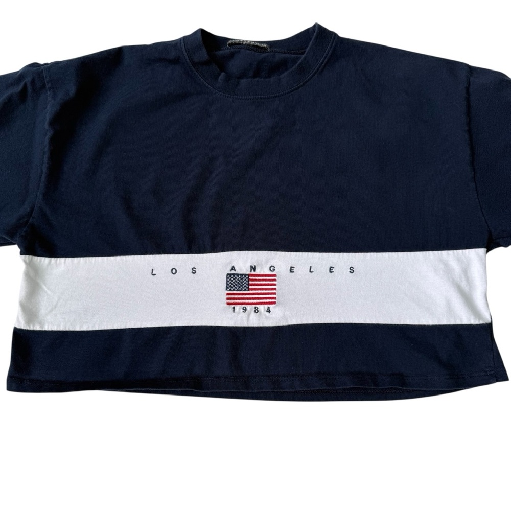 Brandy Melville Navy and White Crop Top with Flag Detail Navy Los Angeles